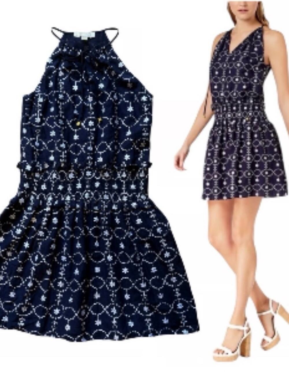 MICHAEL Michael Kors Dress Large Navy Embroidered Halter Fit Flare Dress